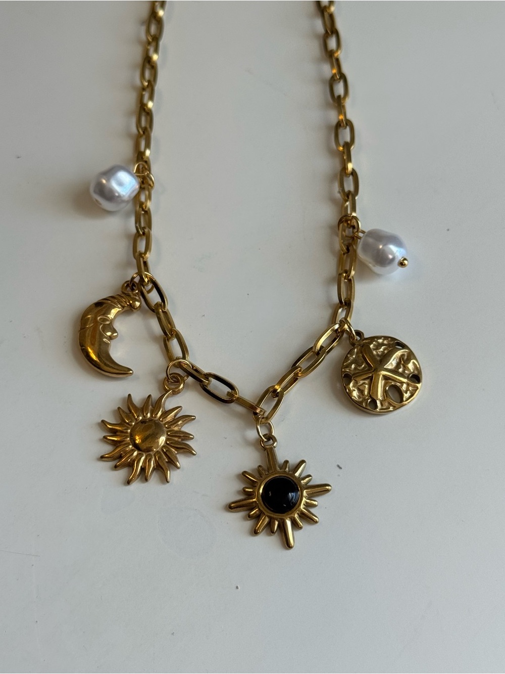Gold Sun & Moon Charm Necklace with Pearl Accents